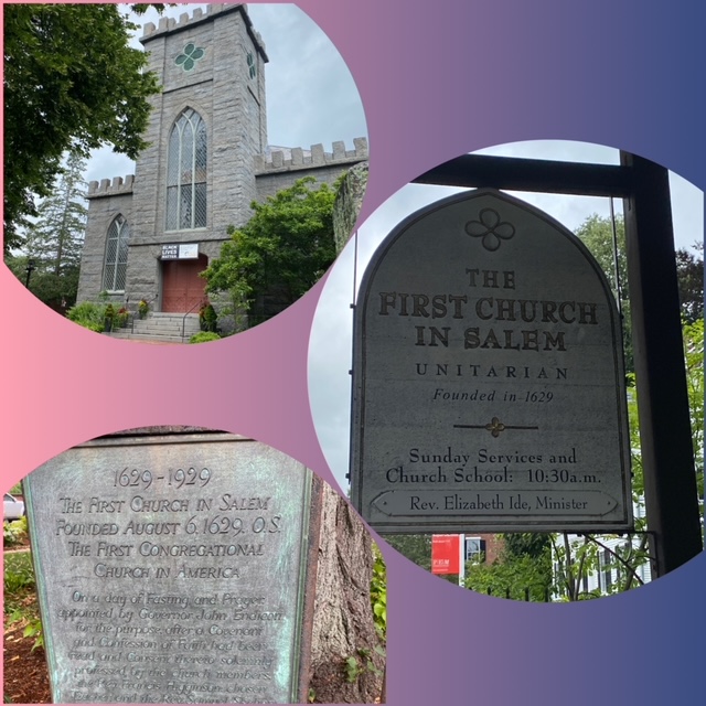 A church and signs from the town of Salem, Massachusetts