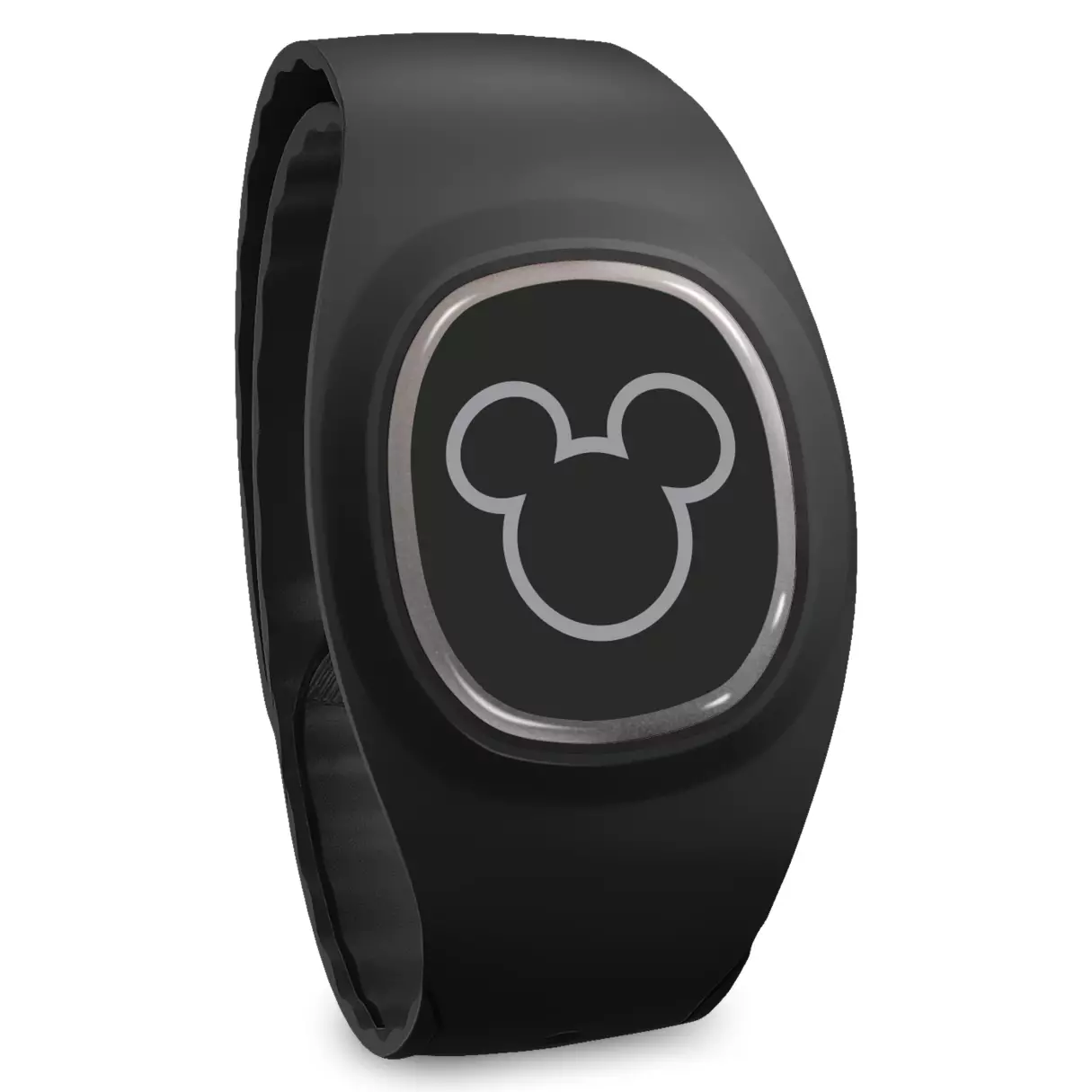 A Disney Magic Band.  A black bracelet that looks similar to a smart watch.  A silver/grey Mickey Mouse head is in the center.