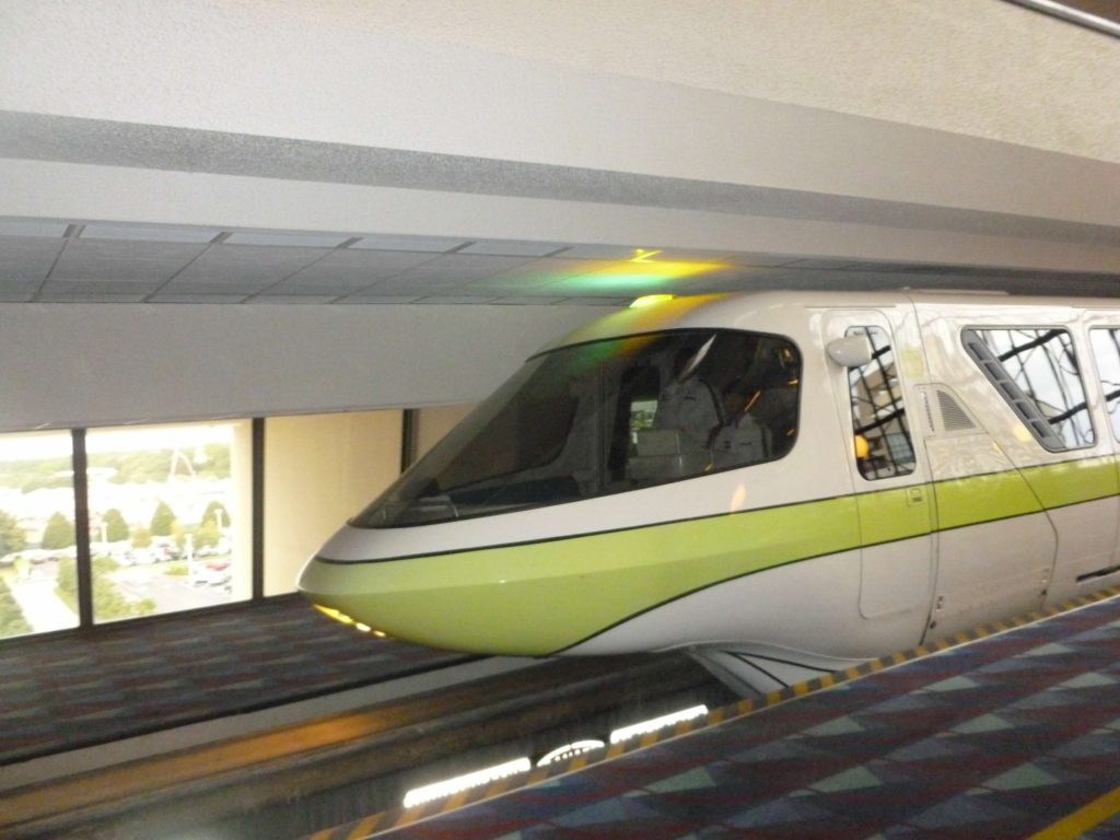Lime green monorail inside Walt Disney's Contemporary Resort