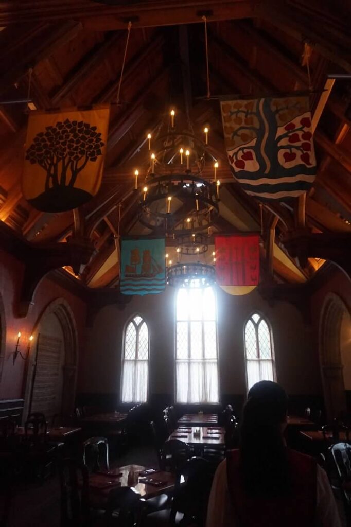 Interior of Akershus Royal Banquet Hall; Epcot; Walt Disney World Resort. A dark photo with various flags hanging in rows from the ceiling. Light streams into the photo via three radius windows. The three windows are on the back wall of the building, with the center window larger than the two flanking its sides. A large chandelier hangs in the middle of the ceiling.  Long tables sit in the shadows, with rows of tall chairs. The shadow of a person can be seen in the bottom right hand corner of the photo. 