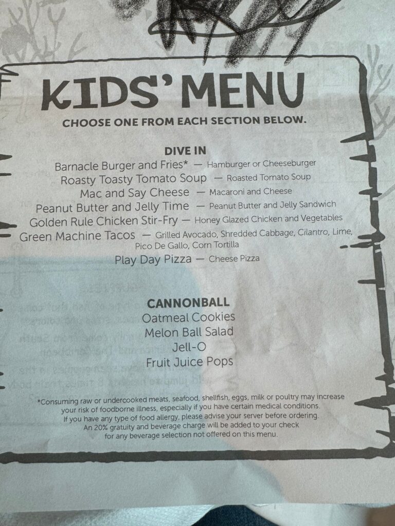 Kids Menu for restaurants on the NCL Bliss