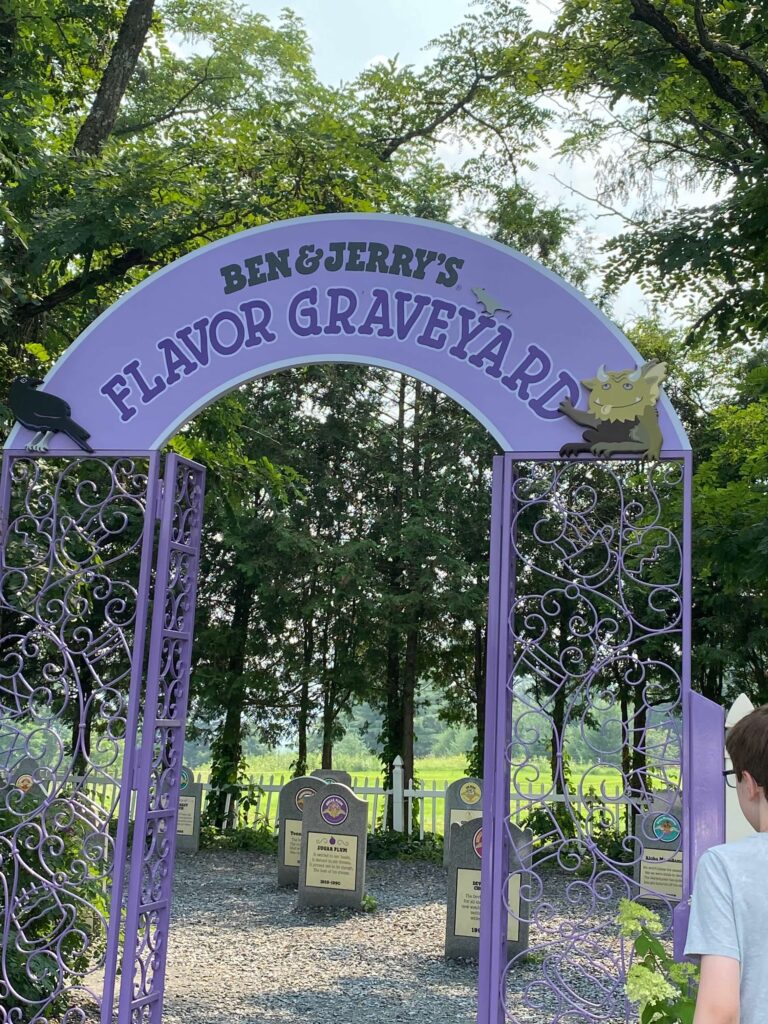 Flavor Graveyard at Ben & Jerry's Factory.  A large, purple, arch allows entry to the cemetery of retired ice cream flavors. 