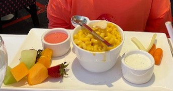 A child's portion of macaroni and cheese and assorted fruit and dips.