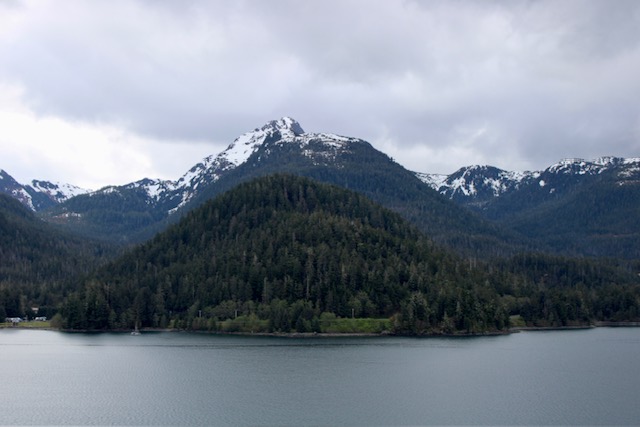 The snow covered mountains coming into port in Sitka, Alaska.