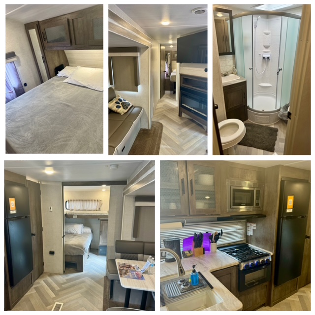 A photo grid of the interior of an RV. 