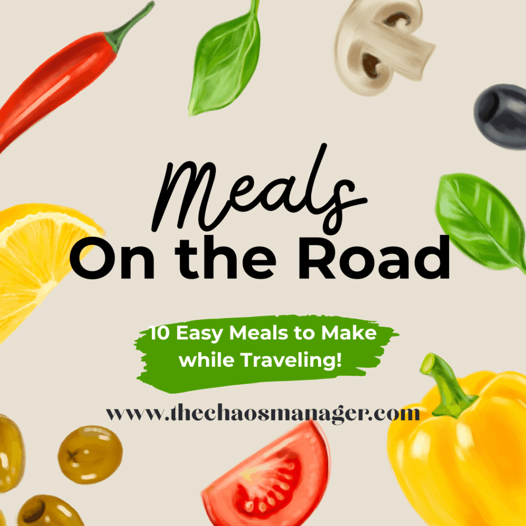 An tan infographic with different types of vegetables.  Reads: Meals On the Road