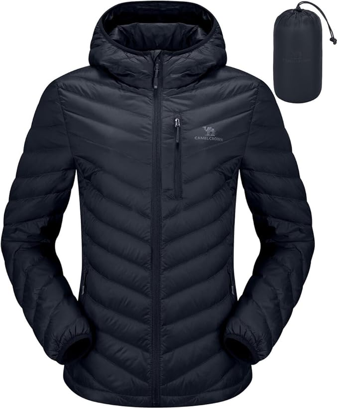 https://amzn.to/4nKpgbF
A black down jacket is pictured.  Also shown is the small black case that it folds into for traveling. 
