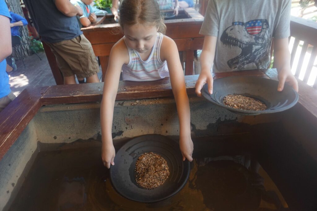 A child leans over a gold panning bed, sifting silt through a pan.  