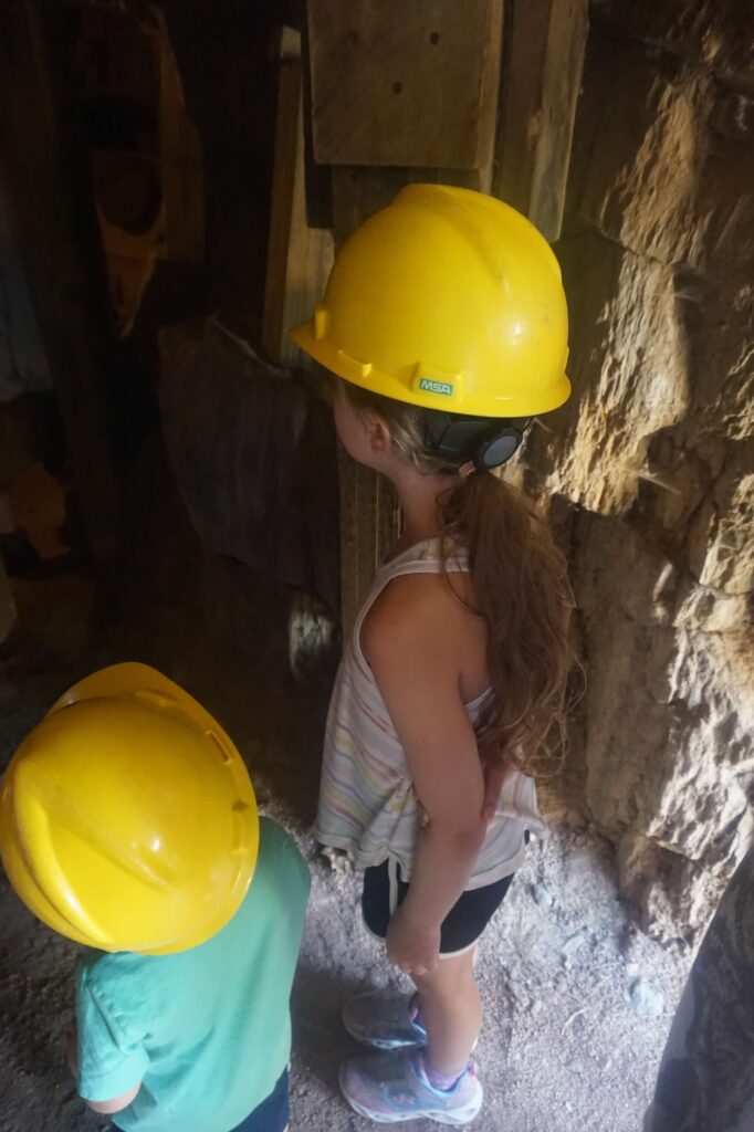 Two children stand facing away from the camera, they are wearing yellow hard hats. 