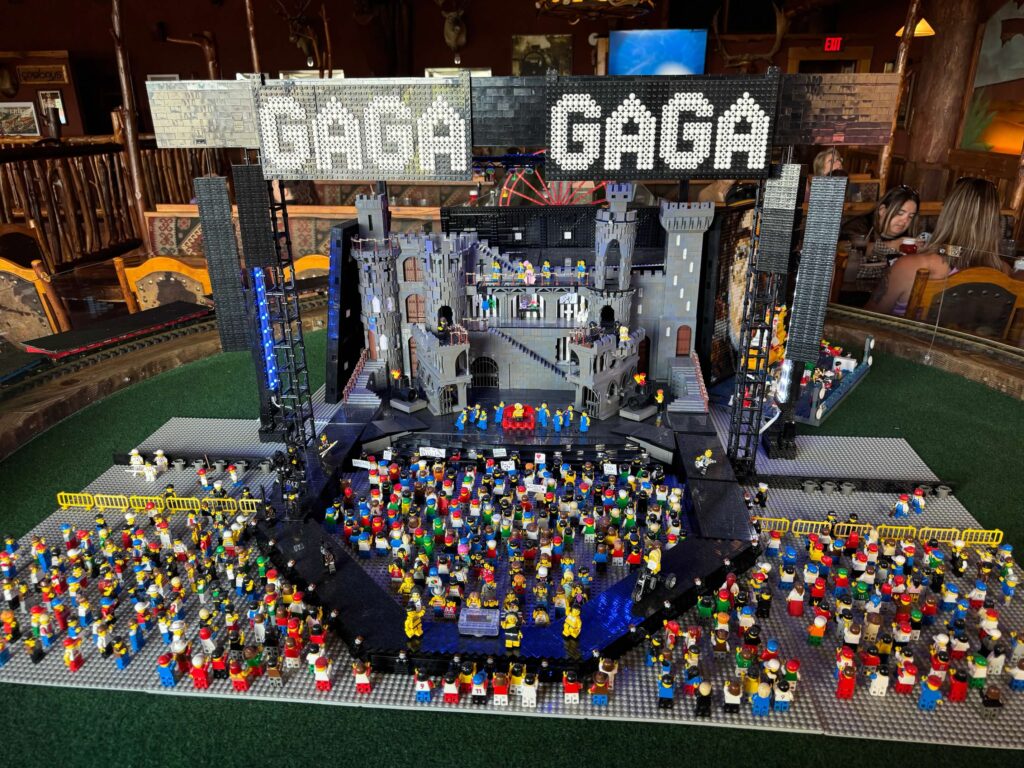 A display made of Lego shows a Lady Gaga concert. 