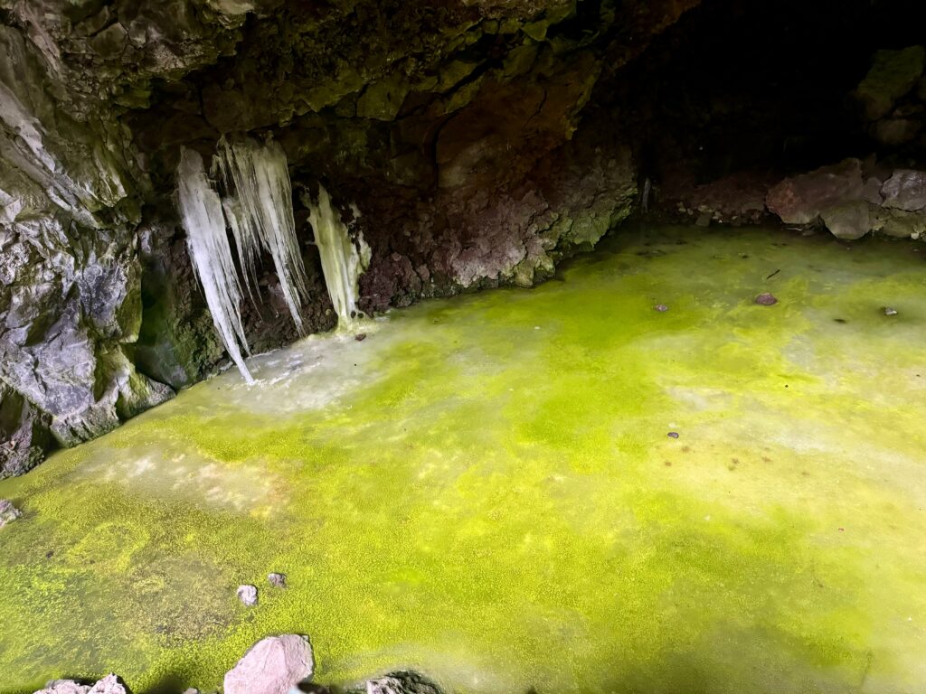 Neon yellow water and ice are on the bottom of a cave.  There are icicles hanging from the back wall of the cave. 
