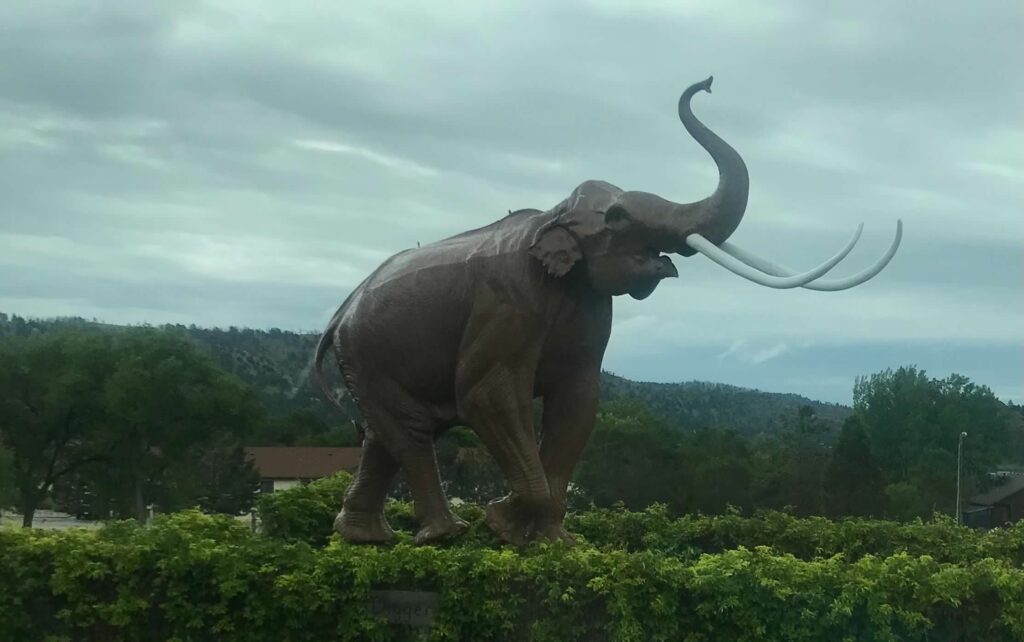 A life sized statue of a mammoth is outside.  
